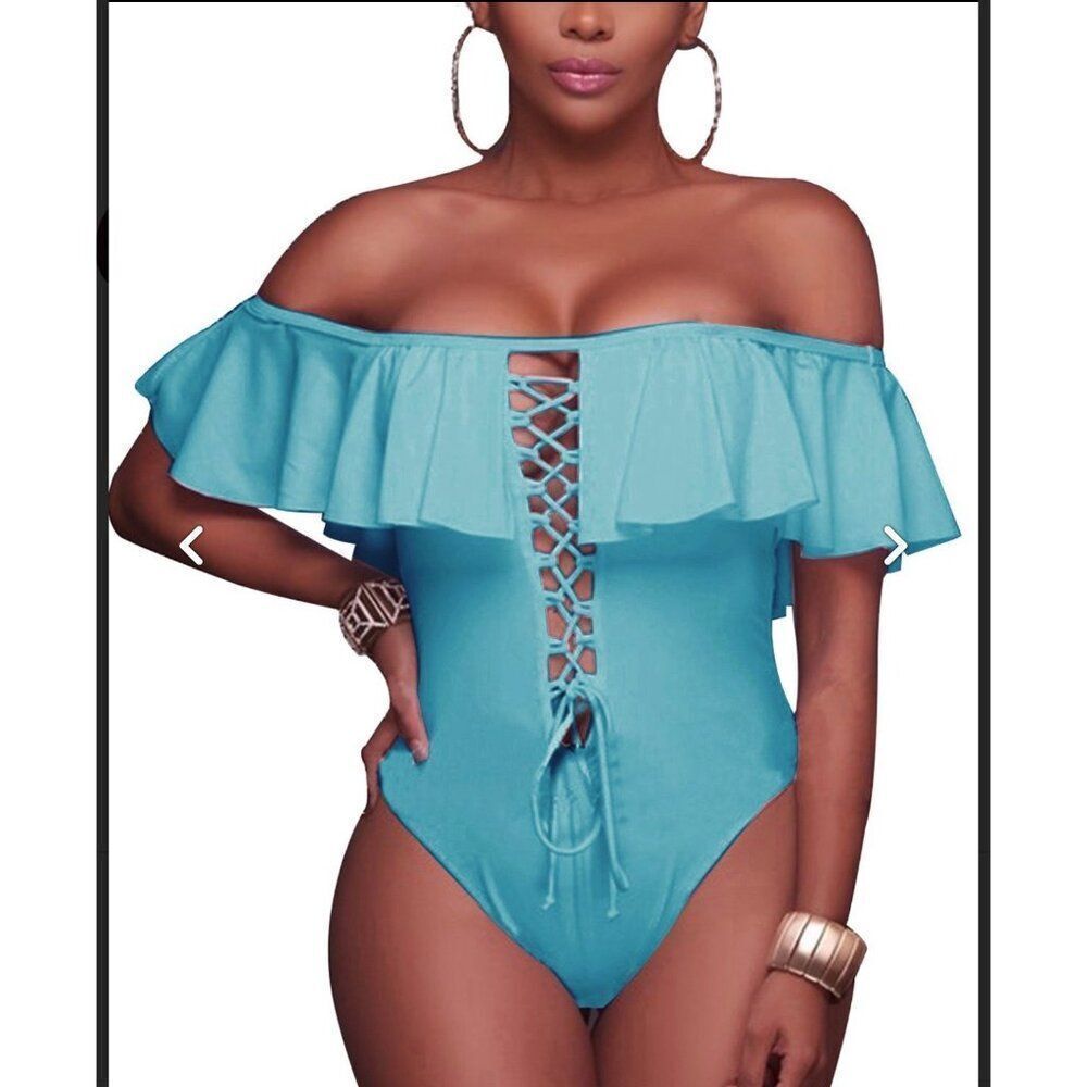 Tempt Me Women Blue Lace Up Ruffled Off Shoulder Flounce One Piece Swimsuit Size